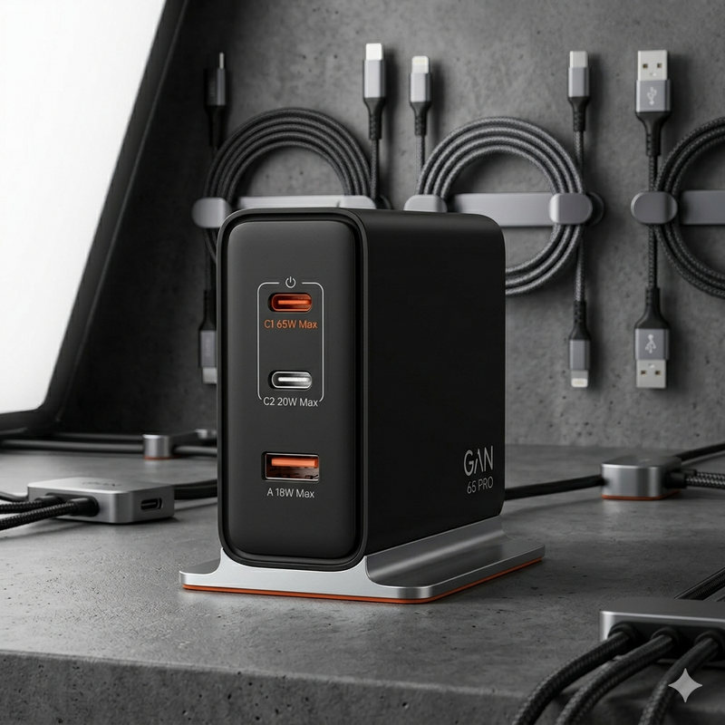 GaN 65W 3-Port USB-C Charging Station